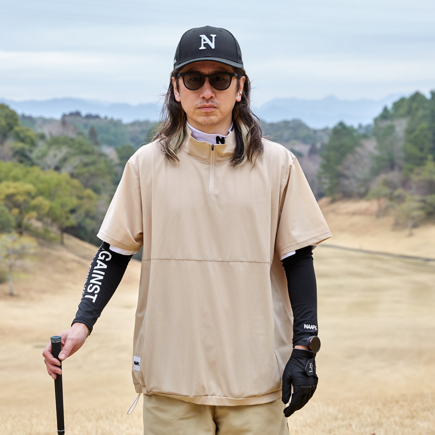 NAAFY Half Zip Short Sleeve Piste Beige Check